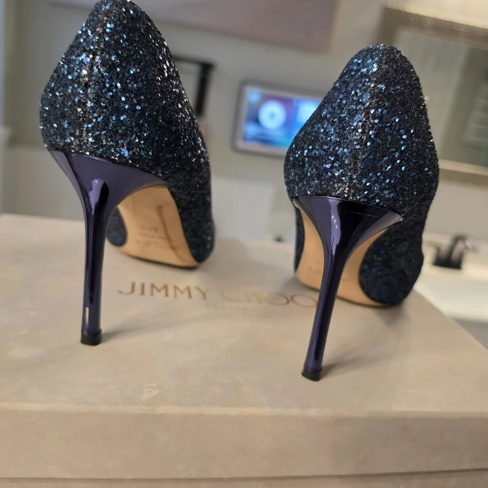 Jimmy Choo Blue Glitter Pointed Toe Pumps - Picture 4 of 5